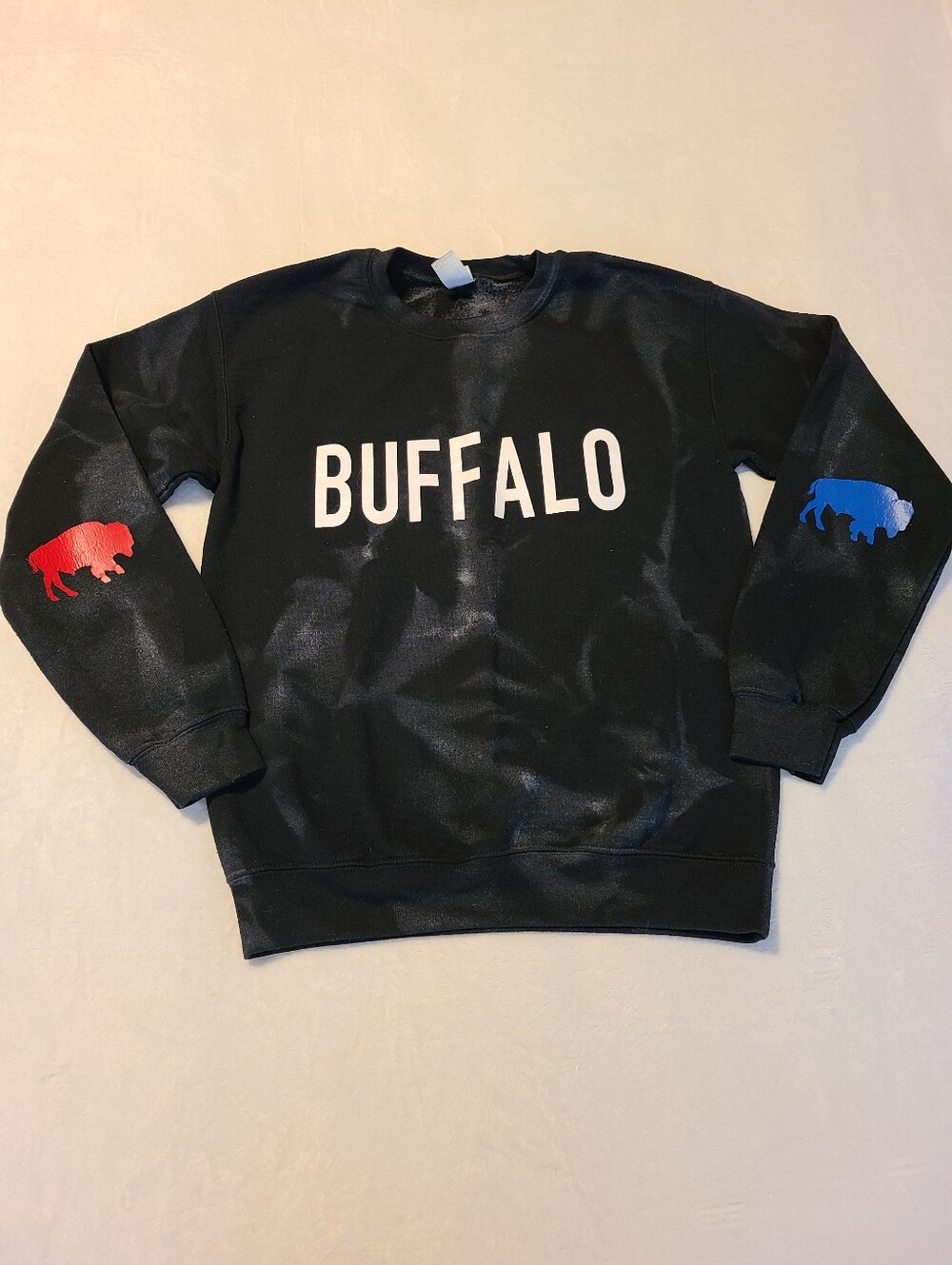 Women's BUFFALO Logo Black Crewneck Sweater with Colored Buffalo Motifs Size Sm